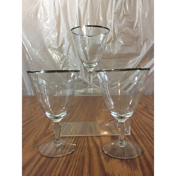 3 Vintage Silver Rim Needle Etched Floral  6” Tall Wine Martini Stemware Glasses - Picture 1 of 10